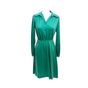 1970s Lady Blair Silky Green/Blue Belted Shirt Dress